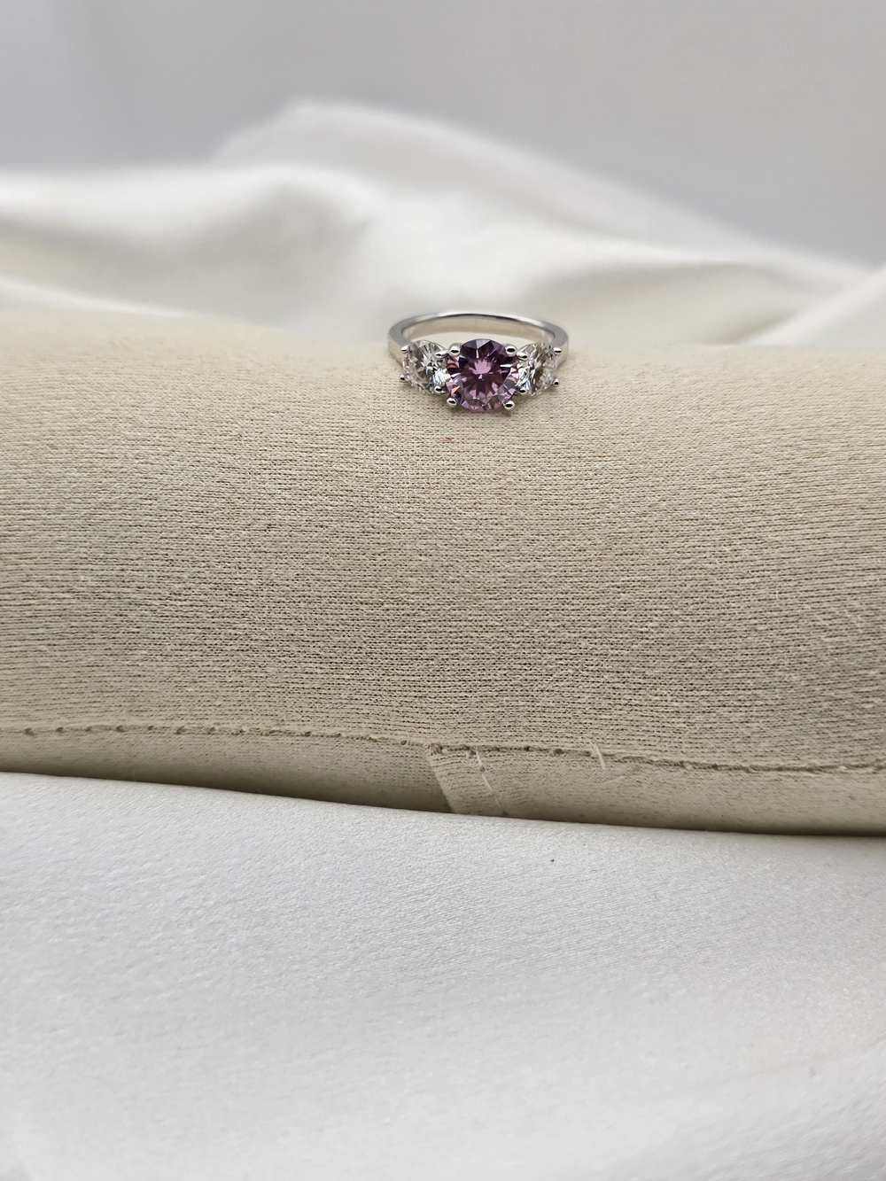 Sterling Silver 925 Past, Present,& Future Pink Moissanite Center Stone Ring